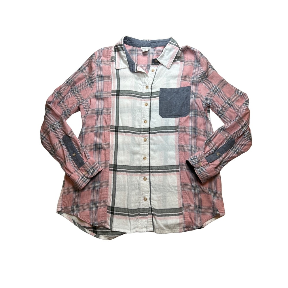 Tribal Jeans Women Pink Mixed Plaid Button Up Shirt Viscose Size L 7566O-4669